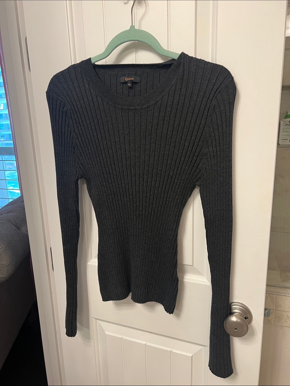 Quince Dark Charcoal Ribbed Cotton Cashmere Long Sleeve Sweater